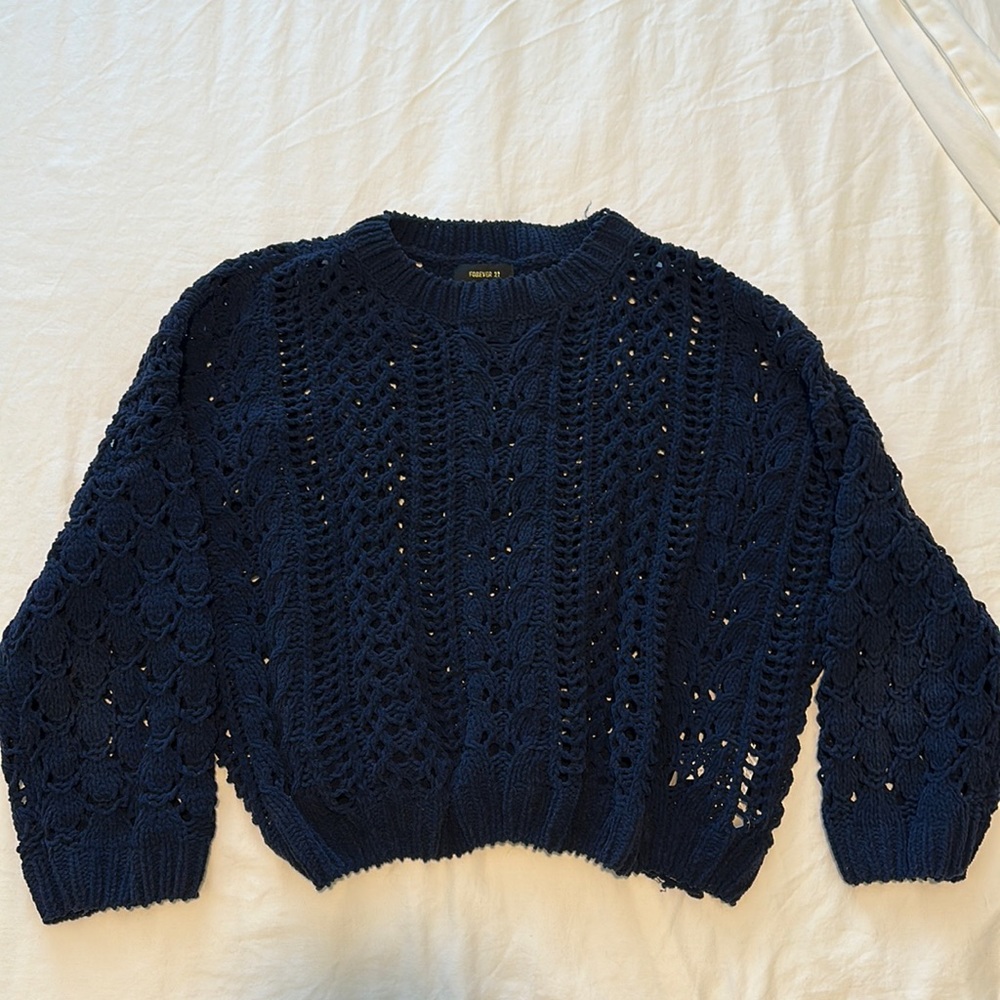 Oversized Knit Crop Sweater Top Navy Blue